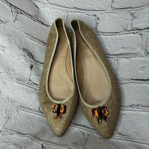 J. Crew Gemma Pointy Jeweled Gold Glitter Leather Ballet Flats Wmns Size 8 As Is